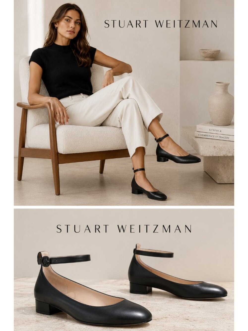 Stuart Weitzman Black Leather Ankle Strap Ballet Flats Low Heel Shoes Women 8.5M